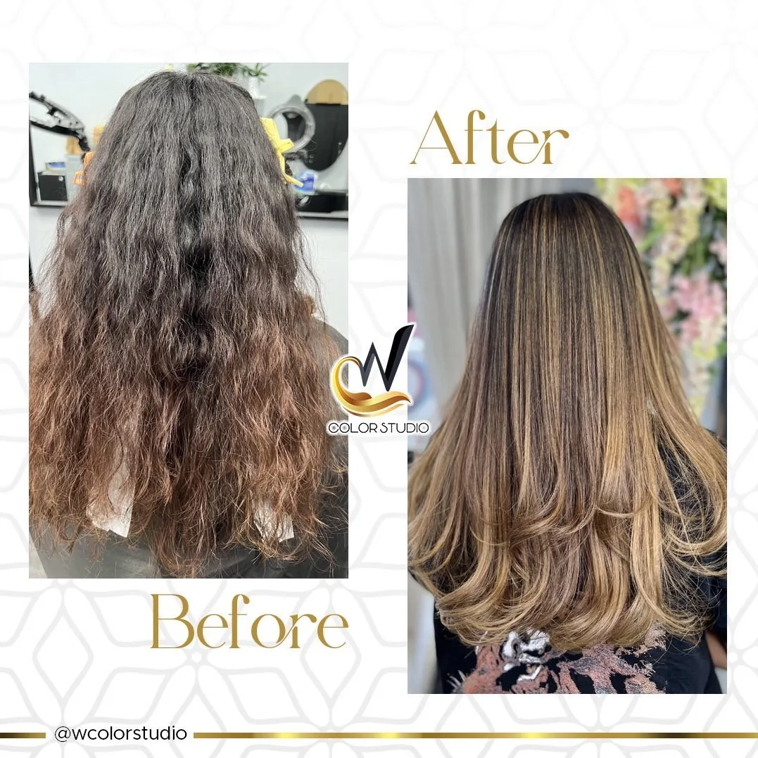 Before and after: dark, dry hair transformed to a dimensional blonde balayage