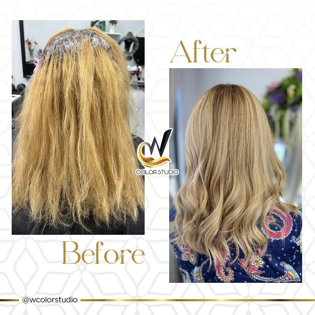 Before and after: uneven yellow blonde corrected to a soft, even blonde