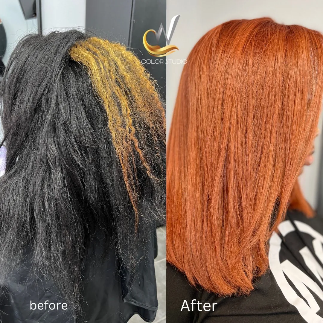 Before and after: damaged dark hair corrected to a smooth copper