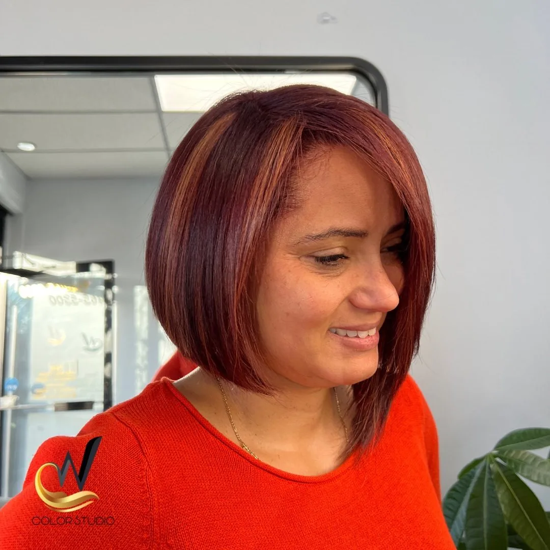 Deep red bob haircut and color at W Color Studio